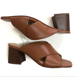 NINE WEST GiGi Brown Criss Cross Slide on Sandal Block Heel Shoes New